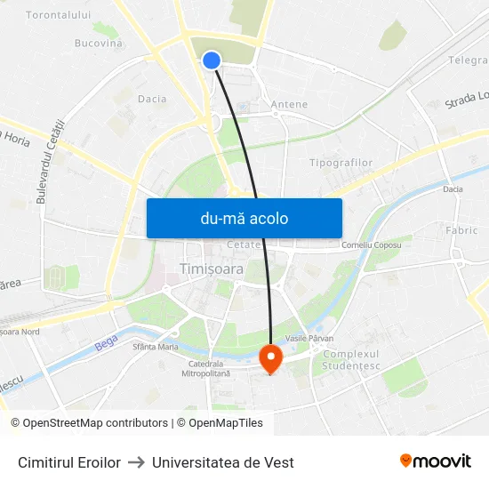 Harta de Cimitirul Eroilor către Universitatea de Vest