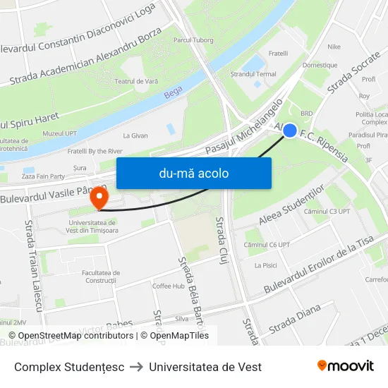 Harta de Complex Studențesc către Universitatea de Vest