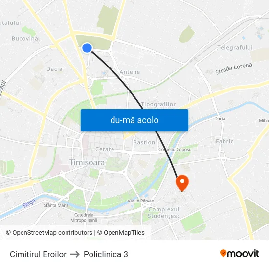 Harta de Cimitirul Eroilor către Policlinica 3