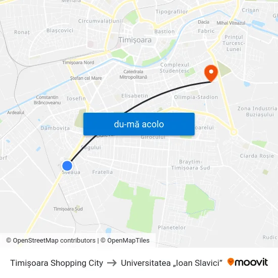 Harta de Timișoara Shopping City către Universitatea „Ioan Slavici”
