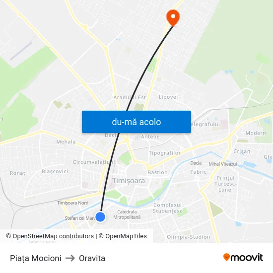 Harta de Piața Mocioni către Oravita