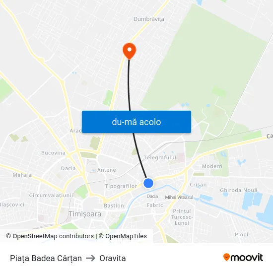 Harta de Piața Badea Cârțan către Oravita