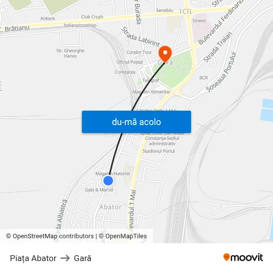 Harta de Piața Abator către Gară