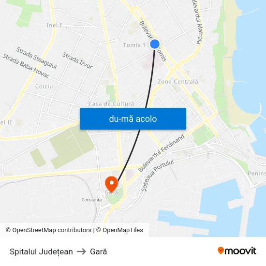 Harta de Spitalul Județean către Gară