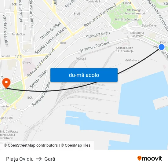 Harta de Piața Ovidiu către Gară