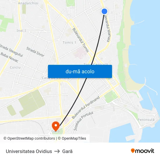 Harta de Universitatea Ovidius către Gară
