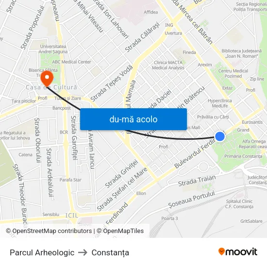 Harta de Parcul Arheologic către Constanța