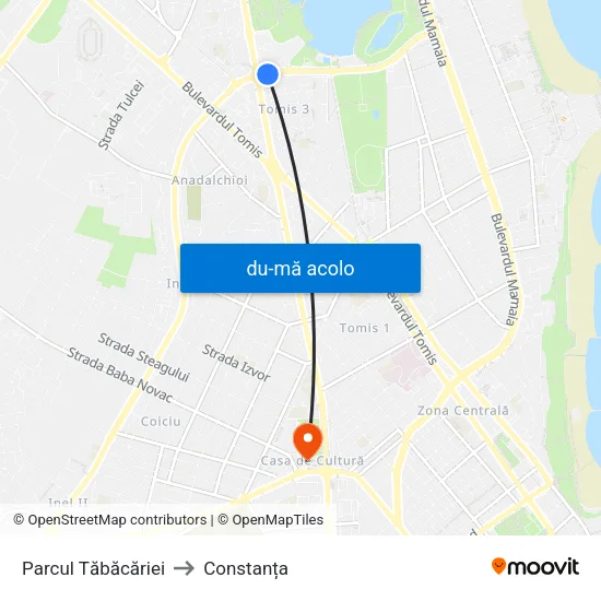 Harta de Parcul Tăbăcăriei către Constanța