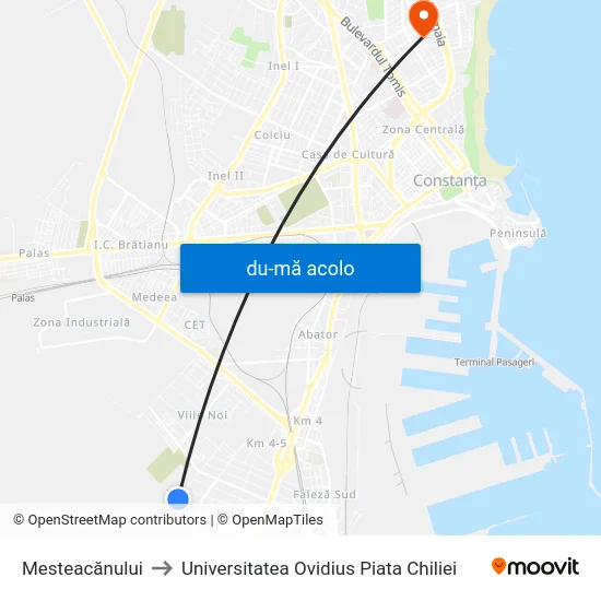 Harta de Mesteacănului către Universitatea Ovidius Piata Chiliei