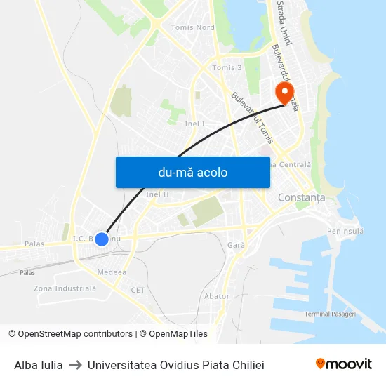 Harta de Alba Iulia către Universitatea Ovidius Piata Chiliei