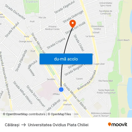 Harta de Călărași către Universitatea Ovidius Piata Chiliei