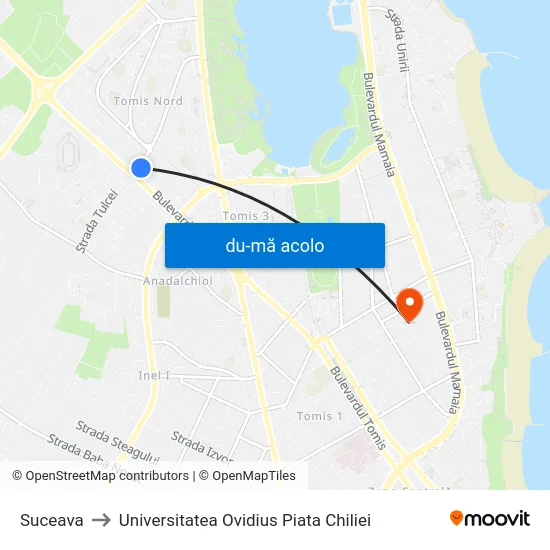 Harta de Suceava către Universitatea Ovidius Piata Chiliei