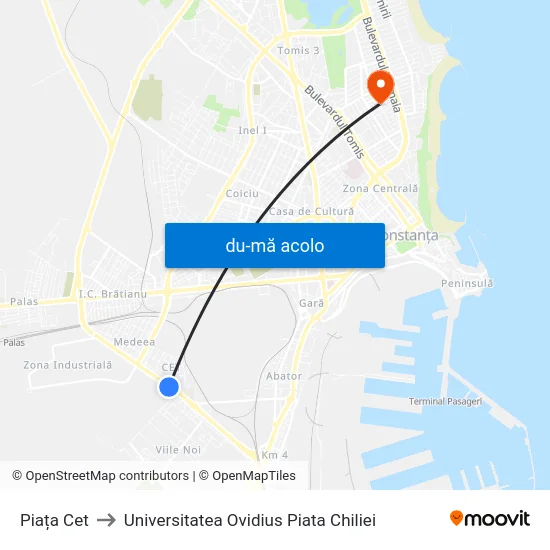 Harta de Piața Cet către Universitatea Ovidius Piata Chiliei