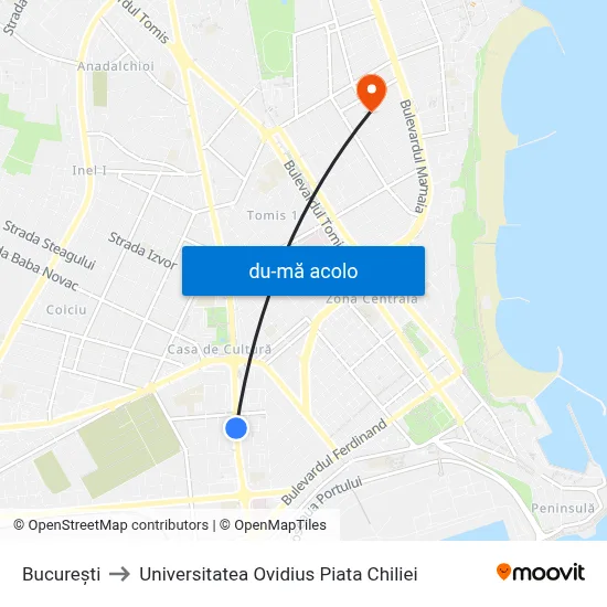 Harta de București către Universitatea Ovidius Piata Chiliei
