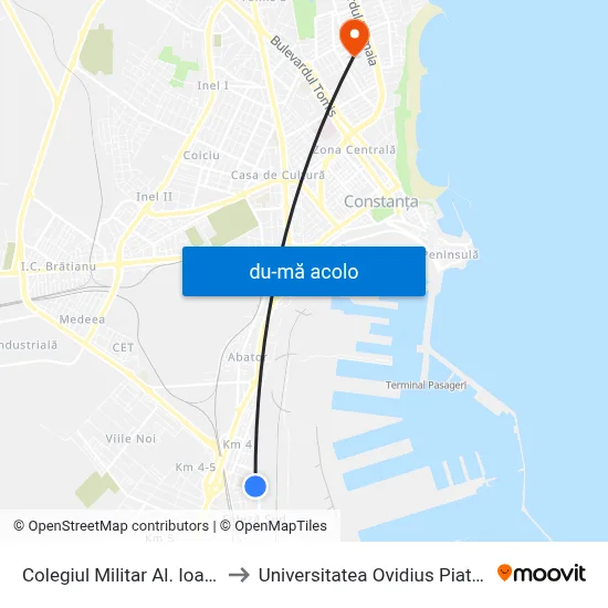 Harta de Colegiul Militar Al. Ioan Cuza către Universitatea Ovidius Piata Chiliei