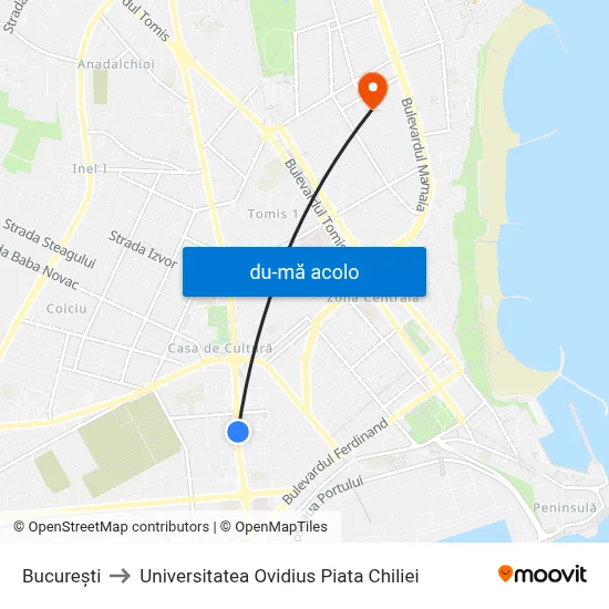 Harta de București către Universitatea Ovidius Piata Chiliei