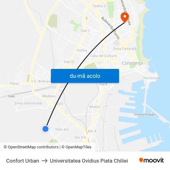 Harta de Confort Urban către Universitatea Ovidius Piata Chiliei