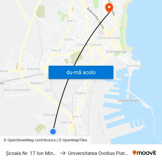 Harta de Școala Nr. 17 Ion Minulescu către Universitatea Ovidius Piata Chiliei