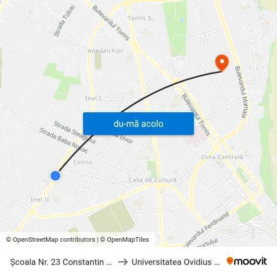 Harta de Școala Nr. 23 Constantin Brâncoveanu către Universitatea Ovidius Piata Chiliei