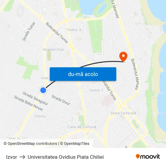 Harta de Izvor către Universitatea Ovidius Piata Chiliei