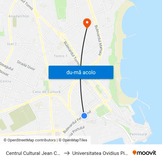 Harta de Centrul Cultural Jean Constantin către Universitatea Ovidius Piata Chiliei