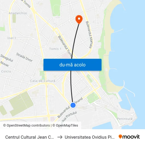 Harta de Centrul Cultural Jean Constantin către Universitatea Ovidius Piata Chiliei
