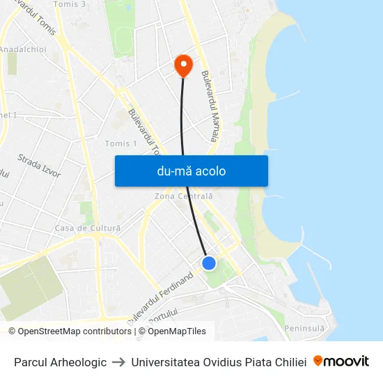 Harta de Parcul Arheologic către Universitatea Ovidius Piata Chiliei