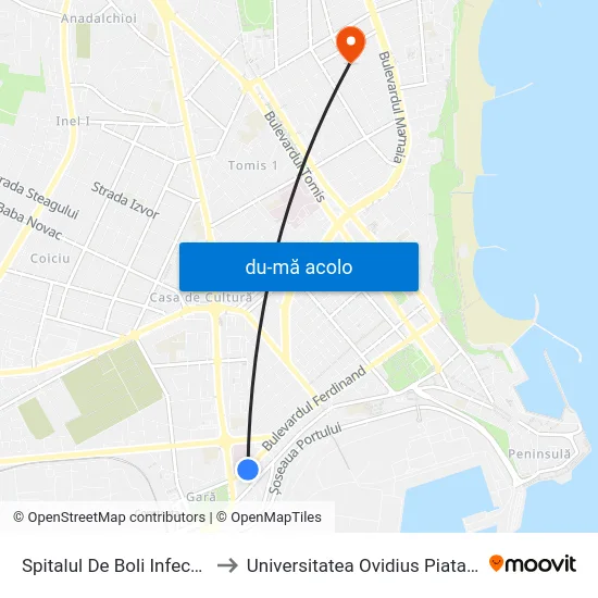 Harta de Spitalul De Boli Infecțioase către Universitatea Ovidius Piata Chiliei