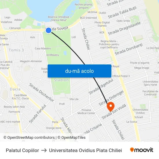 Harta de Palatul Copiilor către Universitatea Ovidius Piata Chiliei