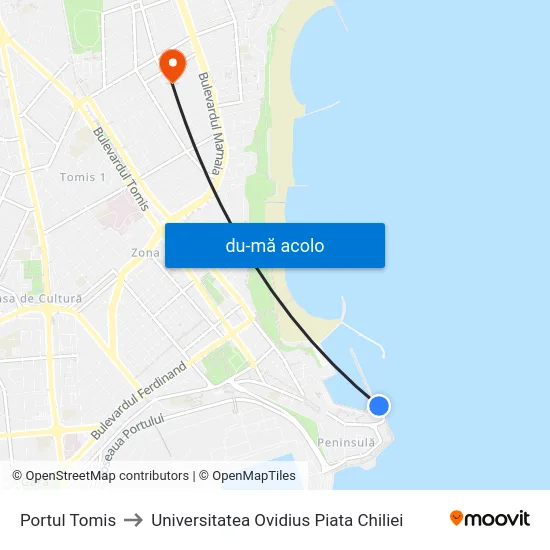 Harta de Portul Tomis către Universitatea Ovidius Piata Chiliei