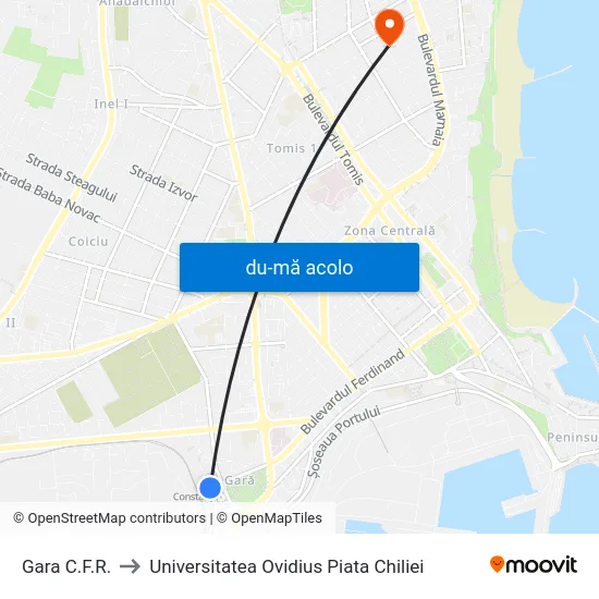 Harta de Gara C.F.R. către Universitatea Ovidius Piata Chiliei