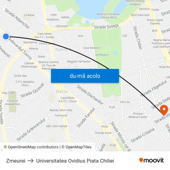 Harta de Zmeurei către Universitatea Ovidius Piata Chiliei