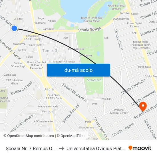 Harta de Școala Nr. 7 Remus Opreanu către Universitatea Ovidius Piata Chiliei