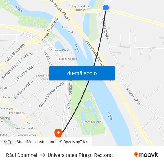 Harta de Râul Doamnei către Universitatea Pitești Rectorat
