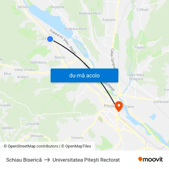 Harta de Schiau Biserică către Universitatea Pitești Rectorat