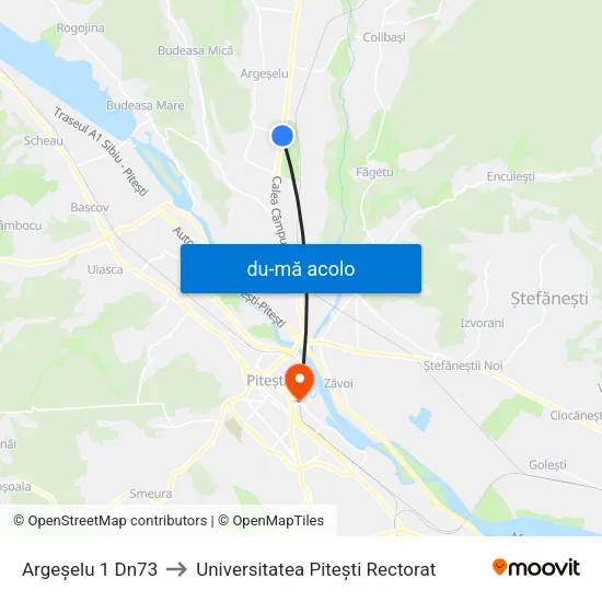 Harta de Argeșelu 1 Dn73 către Universitatea Pitești Rectorat