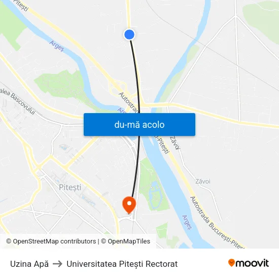 Harta de Uzina Apă către Universitatea Pitești Rectorat
