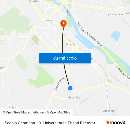 Harta de Școala Geamăna către Universitatea Pitești Rectorat