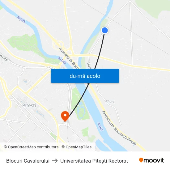 Harta de Blocuri Cavalerului către Universitatea Pitești Rectorat