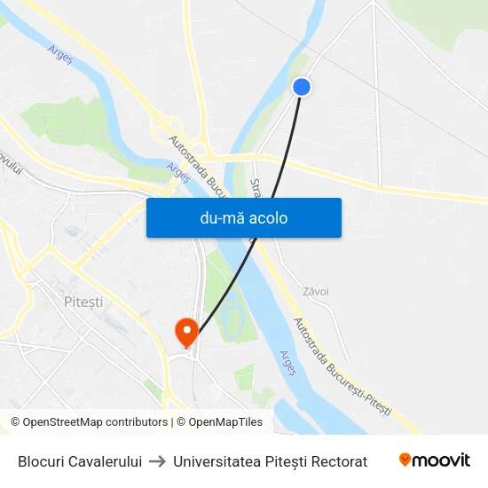 Harta de Blocuri Cavalerului către Universitatea Pitești Rectorat