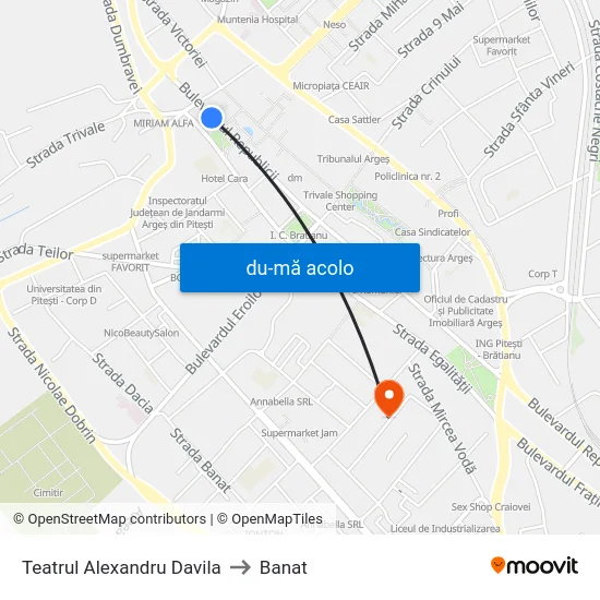 Harta de Teatrul Alexandru Davila către Banat