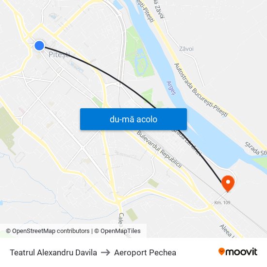 Harta de Teatrul Alexandru Davila către Aeroport Pechea