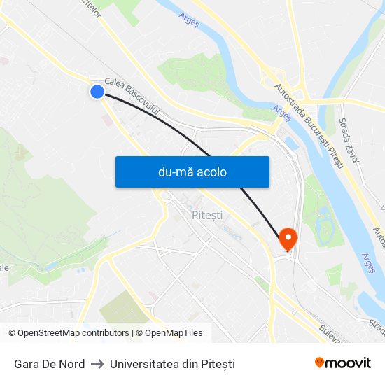 Harta de Gara De Nord către Universitatea din Pitești