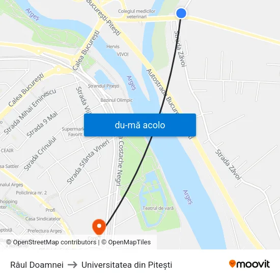 Harta de Râul Doamnei către Universitatea din Pitești