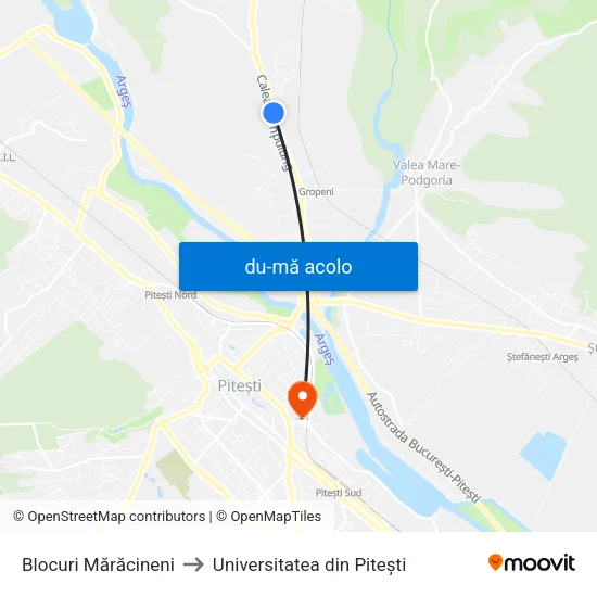 Harta de Blocuri Mărăcineni către Universitatea din Pitești