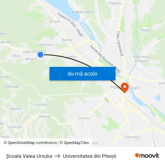 Harta de Școala Valea Ursului către Universitatea din Pitești