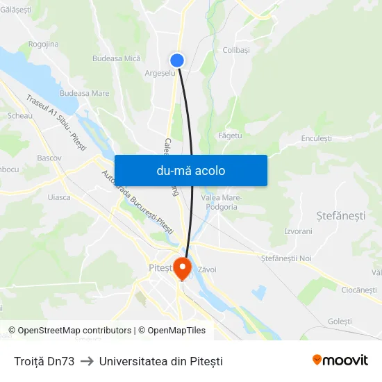 Harta de Troiță Dn73 către Universitatea din Pitești