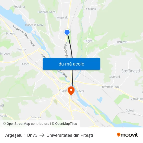 Harta de Argeșelu 1 Dn73 către Universitatea din Pitești