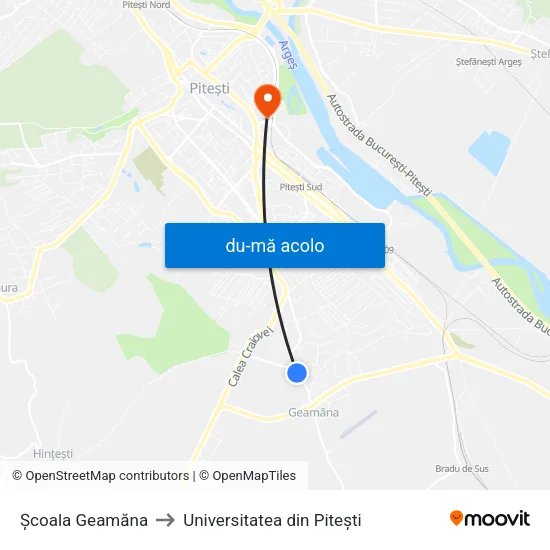 Harta de Școala Geamăna către Universitatea din Pitești