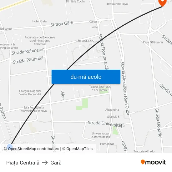 Harta de Piața Centrală către Gară